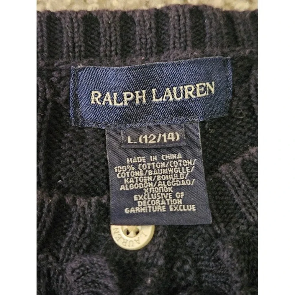 Ralph Lauren Cable Knit Ruffle Button Sweater Girl Size Large Navy Blue Cotton